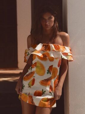 Off-Shoulder Fruit Print Mini Dress in Orange Summer 3152/393/115 NWT Size Large